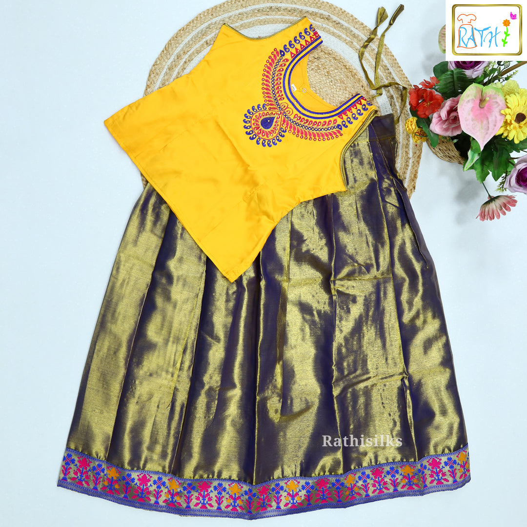 Yellow Embroidered Karishma Top with Purple Art Silk Pavadai Set