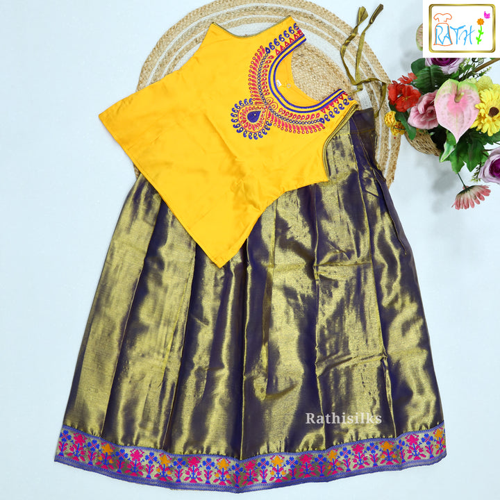 Yellow Embroidered Karishma Top with Purple Art Silk Pavadai Set