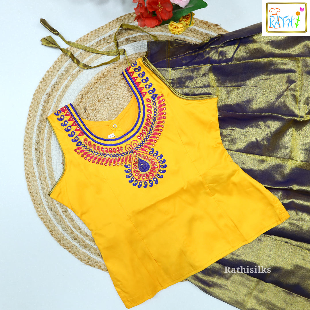 Yellow Embroidered Karishma Top with Purple Art Silk Pavadai Set