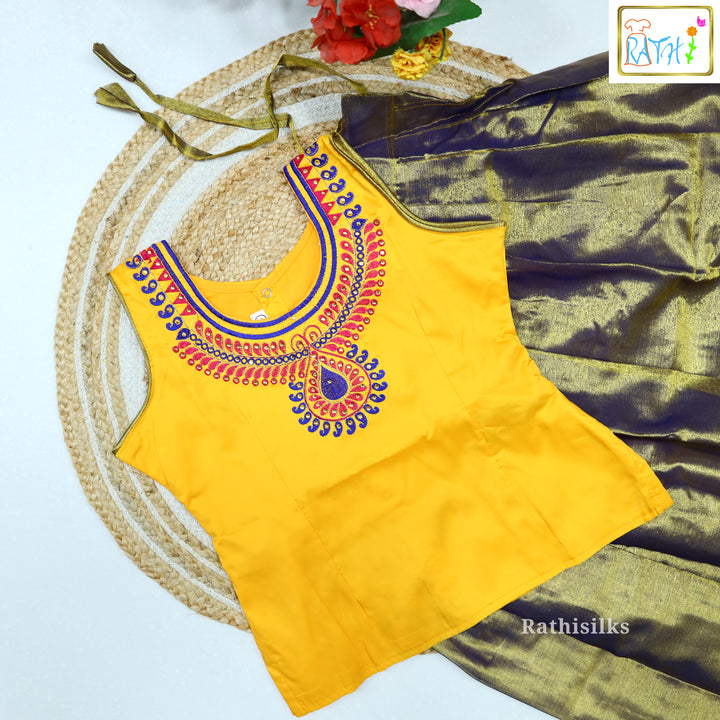 Yellow Embroidered Karishma Top with Purple Art Silk Pavadai Set