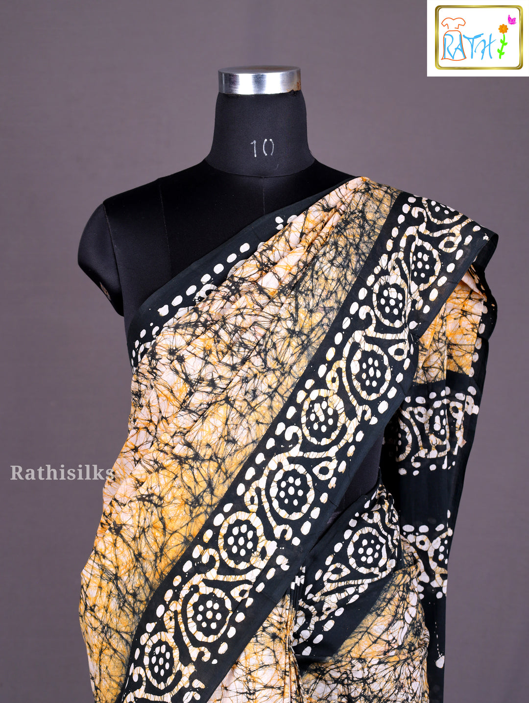 Black and Gold Batik-Print Cotton Saree