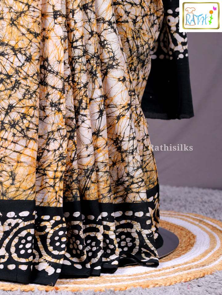 Black and Gold Batik-Print Cotton Saree