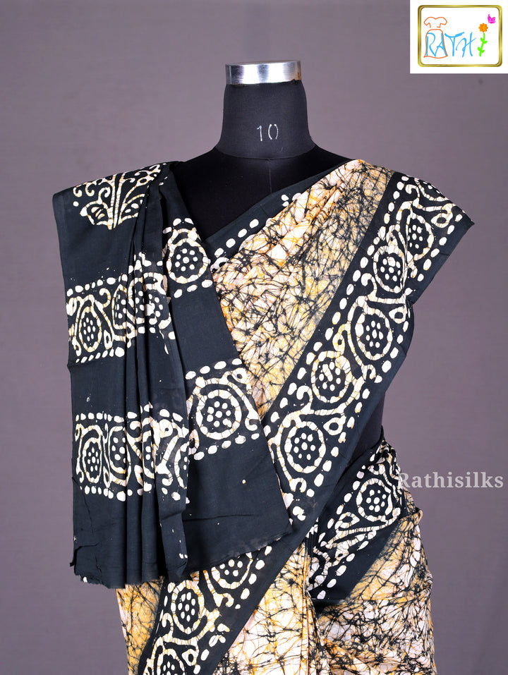 Black and Gold Batik-Print Cotton Saree