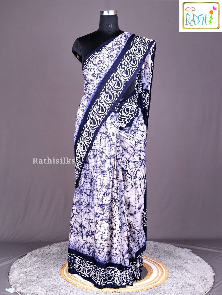 Blue and White Batik-Print Cotton Saree