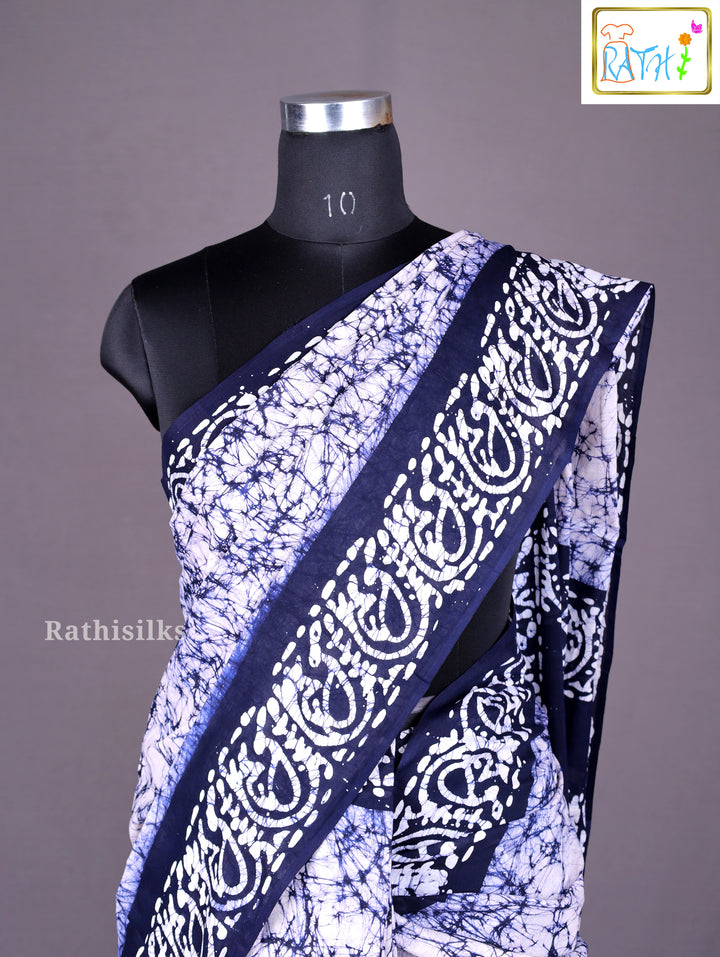 Blue and White Batik-Print Cotton Saree