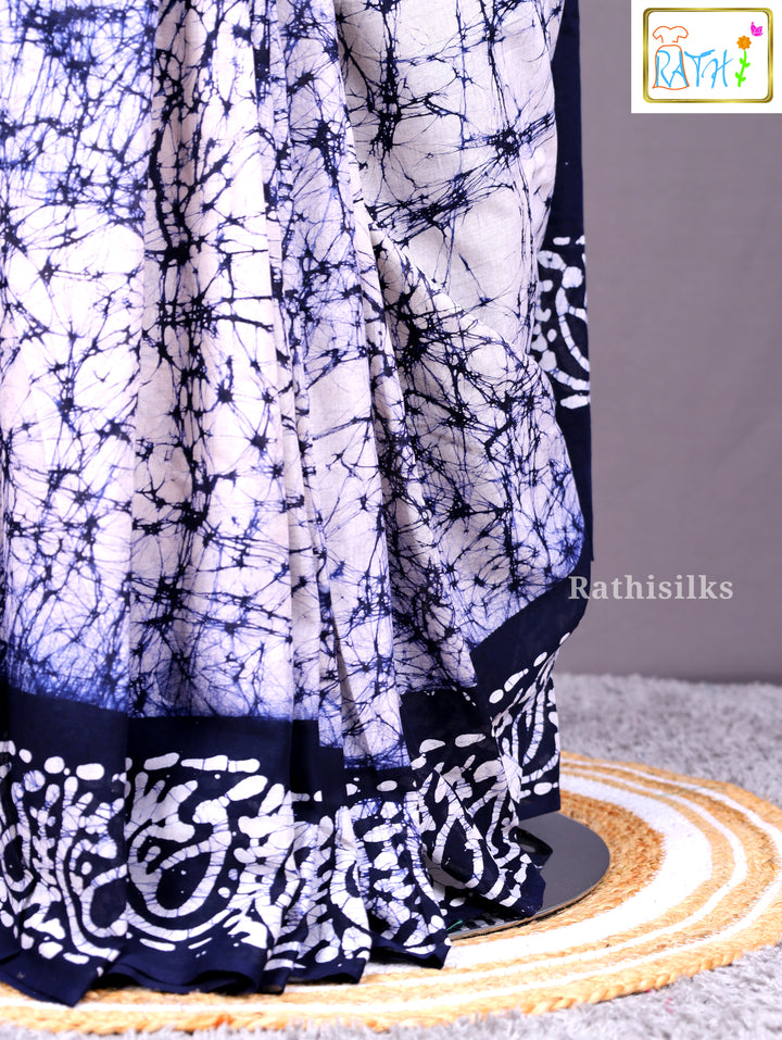 Blue and White Batik-Print Cotton Saree
