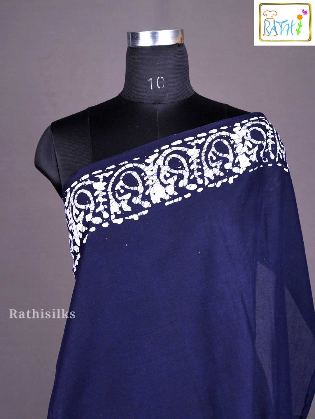 Blue and White Batik-Print Cotton Saree