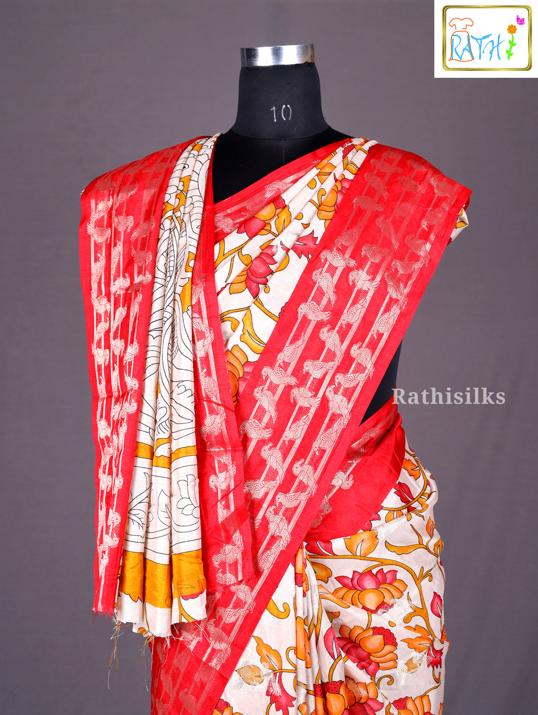 Floral Printed Red & Beige Synthetic Saree