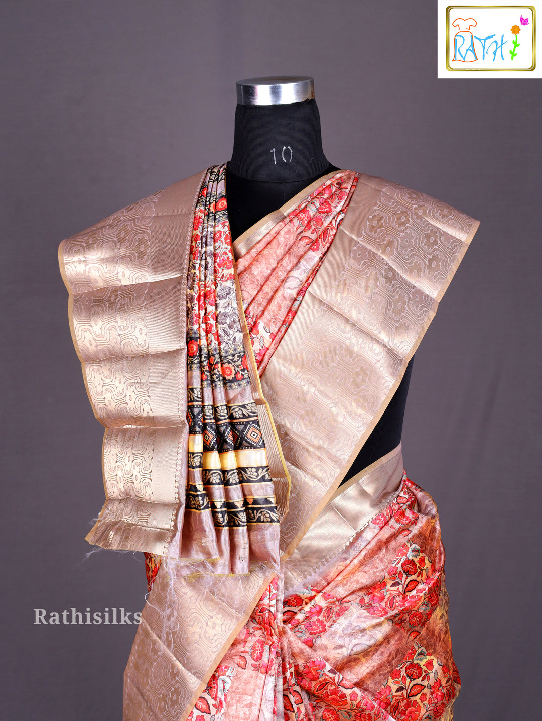 Elegant Red & Golden Synthetic Saree