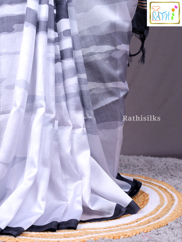 Modern Chic Black & White Abstract Print Synthetic Saree