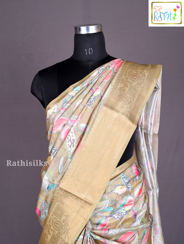 Earthy Khaki Floral Printed Synthetic Saree