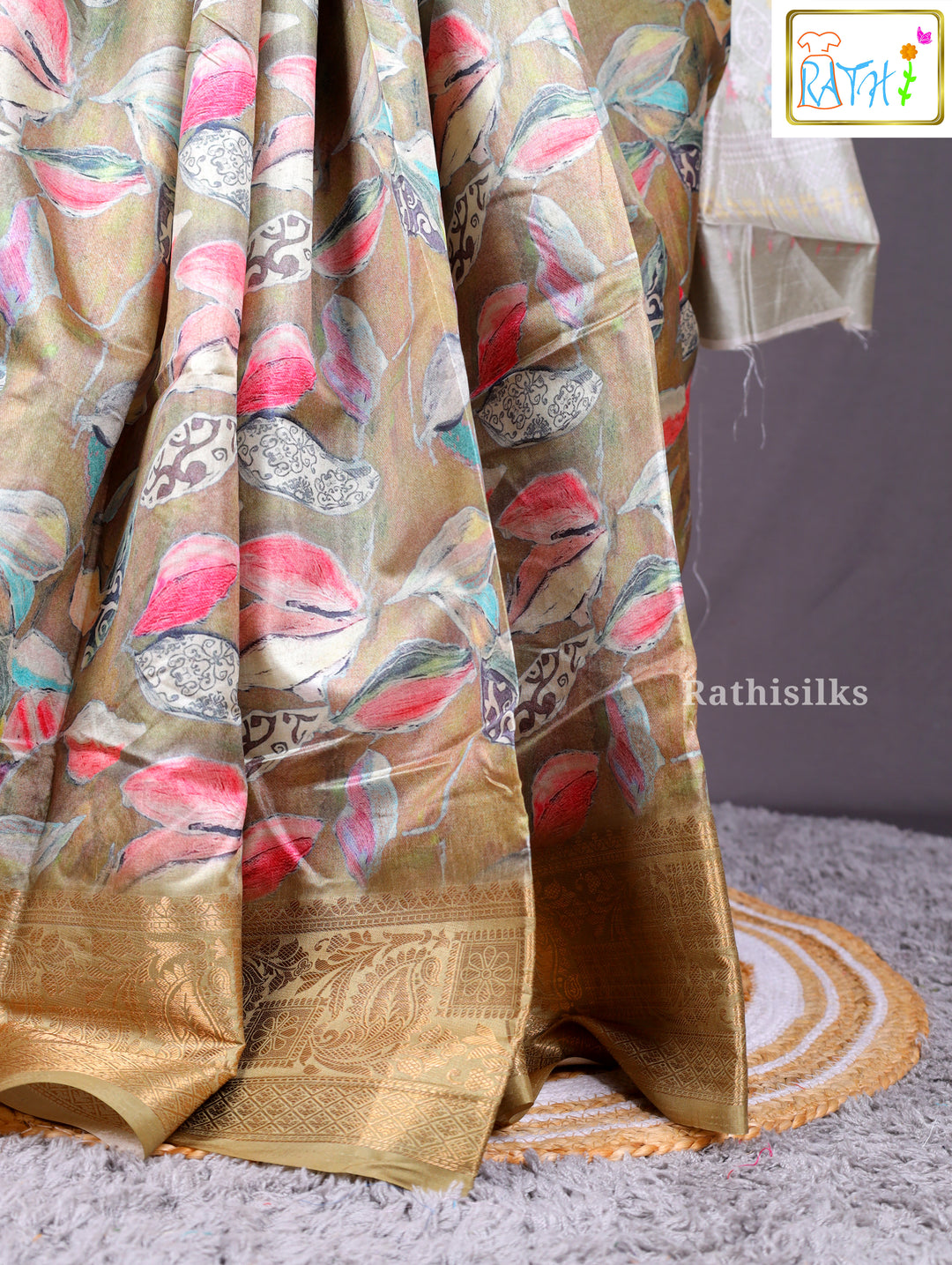 Earthy Khaki Floral Printed Synthetic Saree