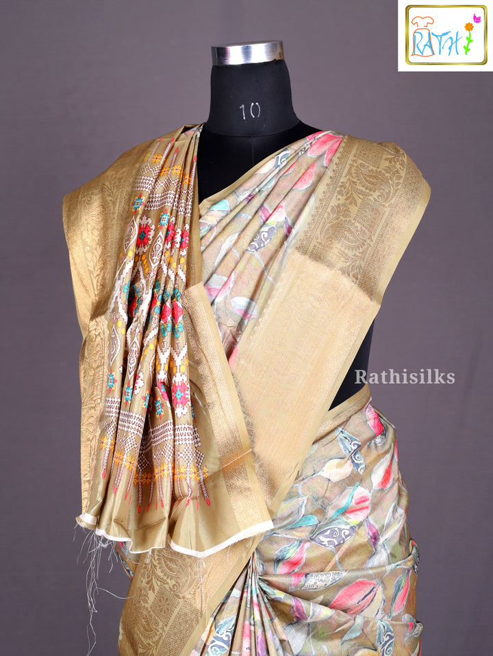 Earthy Khaki Floral Printed Synthetic Saree