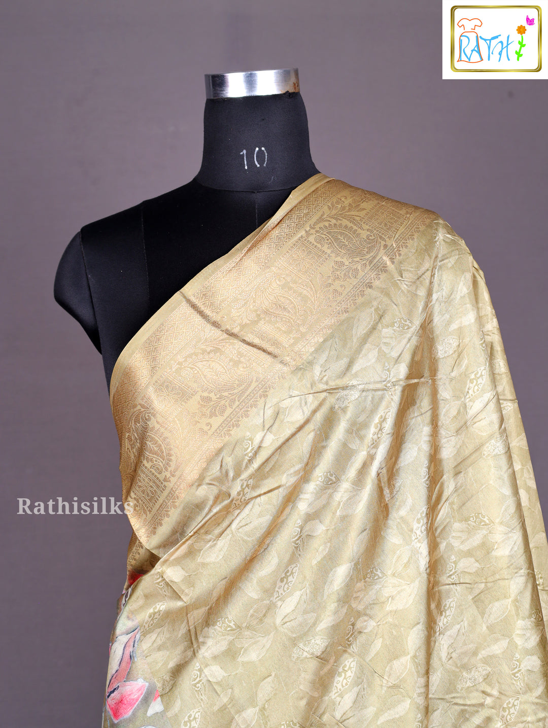 Earthy Khaki Floral Printed Synthetic Saree