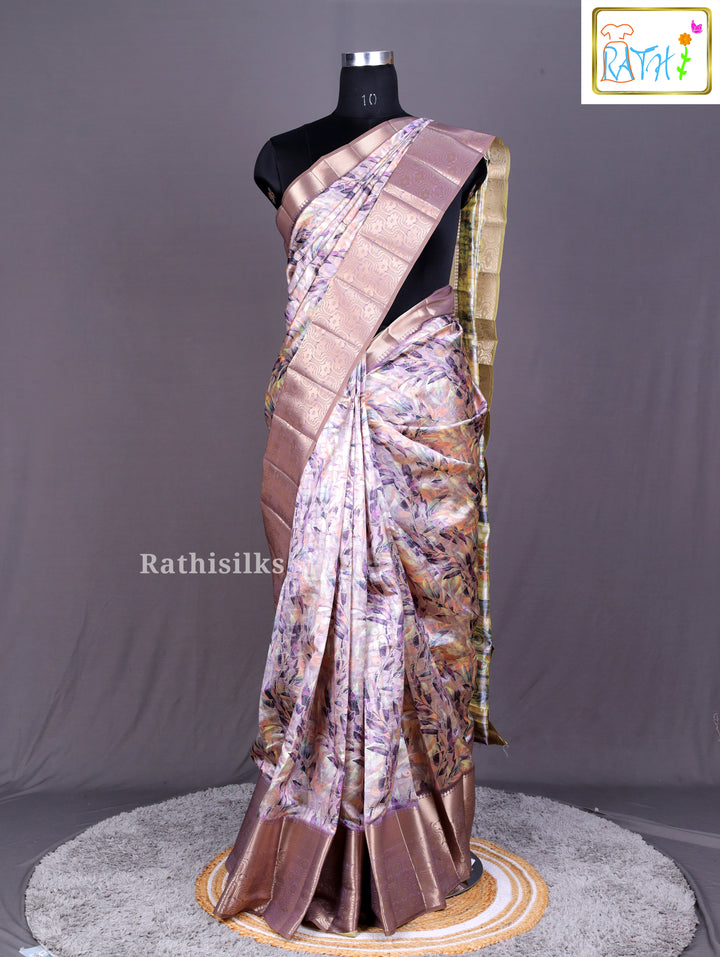 Metallic Mauve Abstract Print Synthetic Saree