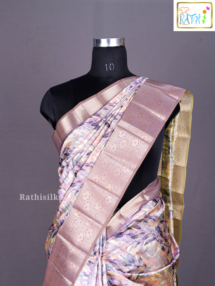 Metallic Mauve Abstract Print Synthetic Saree