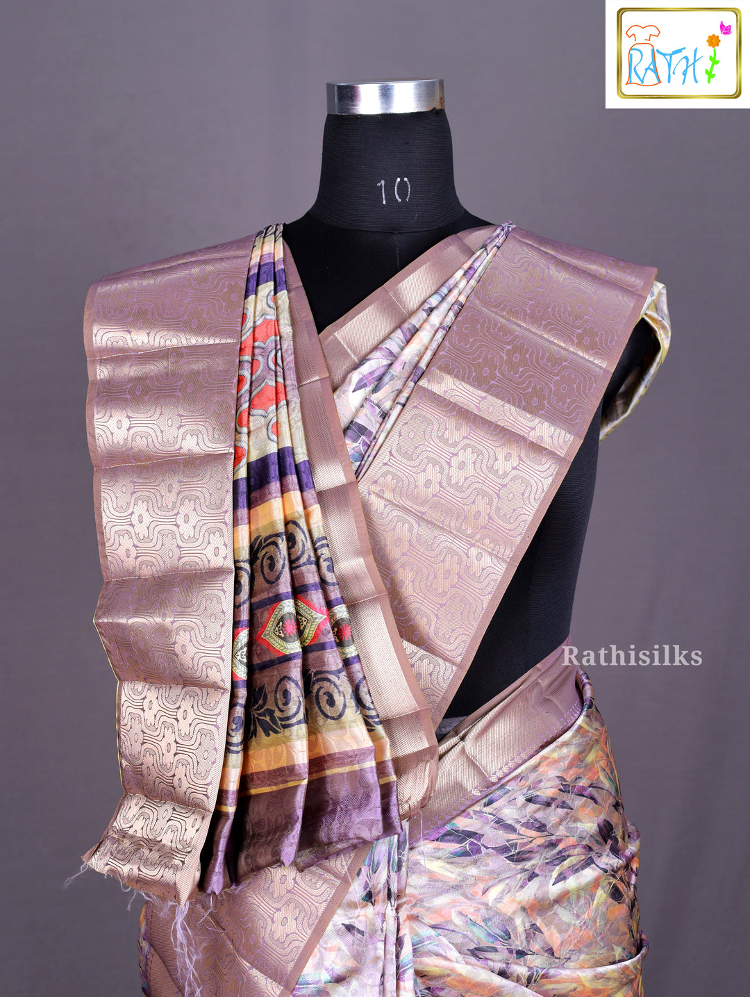 Metallic Mauve Abstract Print Synthetic Saree