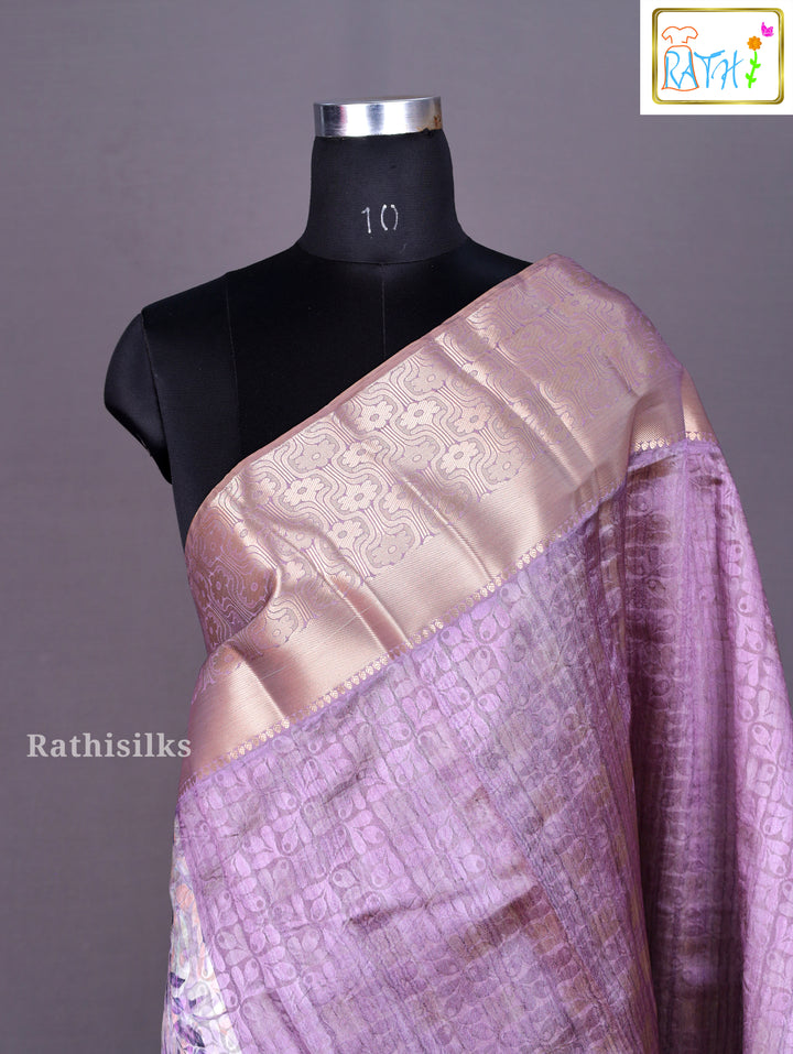 Metallic Mauve Abstract Print Synthetic Saree