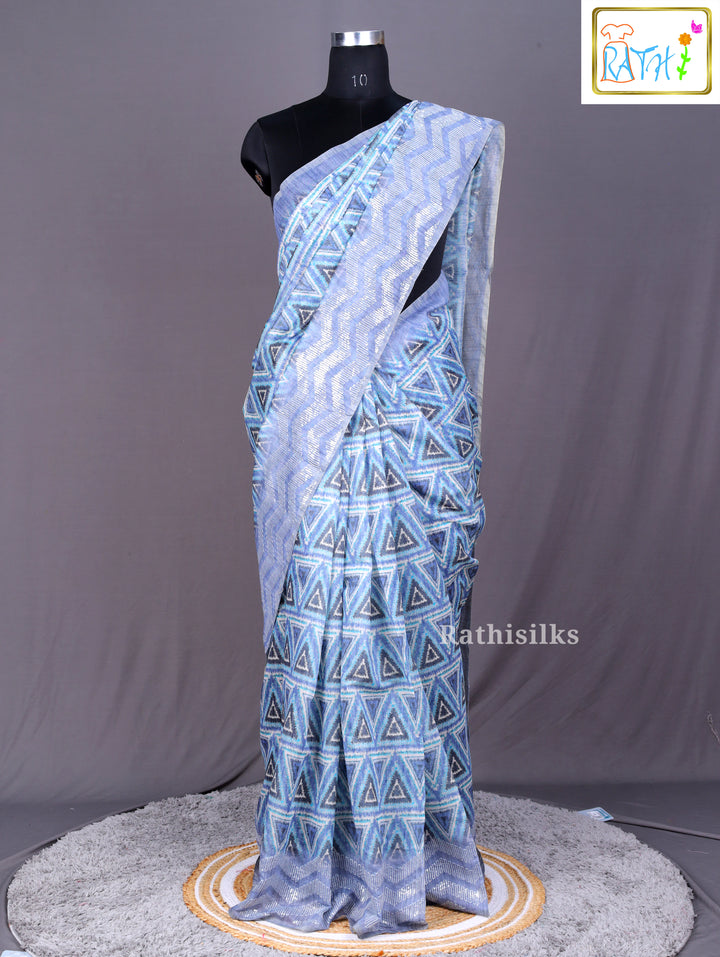 Icy Blue Geometric Triangle Print Synthetic Saree