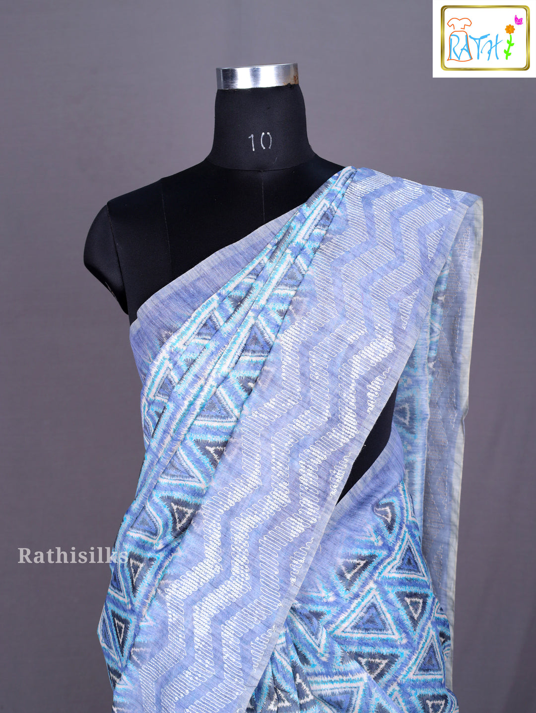 Icy Blue Geometric Triangle Print Synthetic Saree