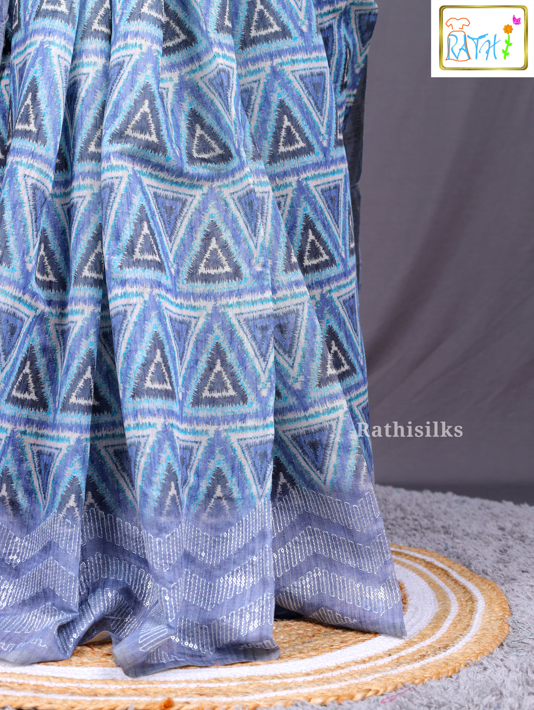 Icy Blue Geometric Triangle Print Synthetic Saree