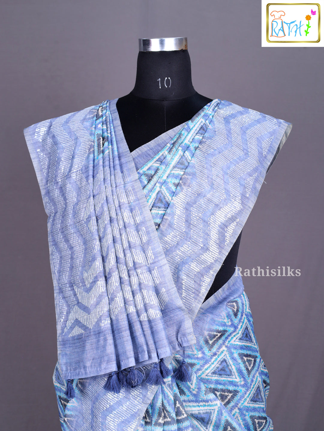 Icy Blue Geometric Triangle Print Synthetic Saree