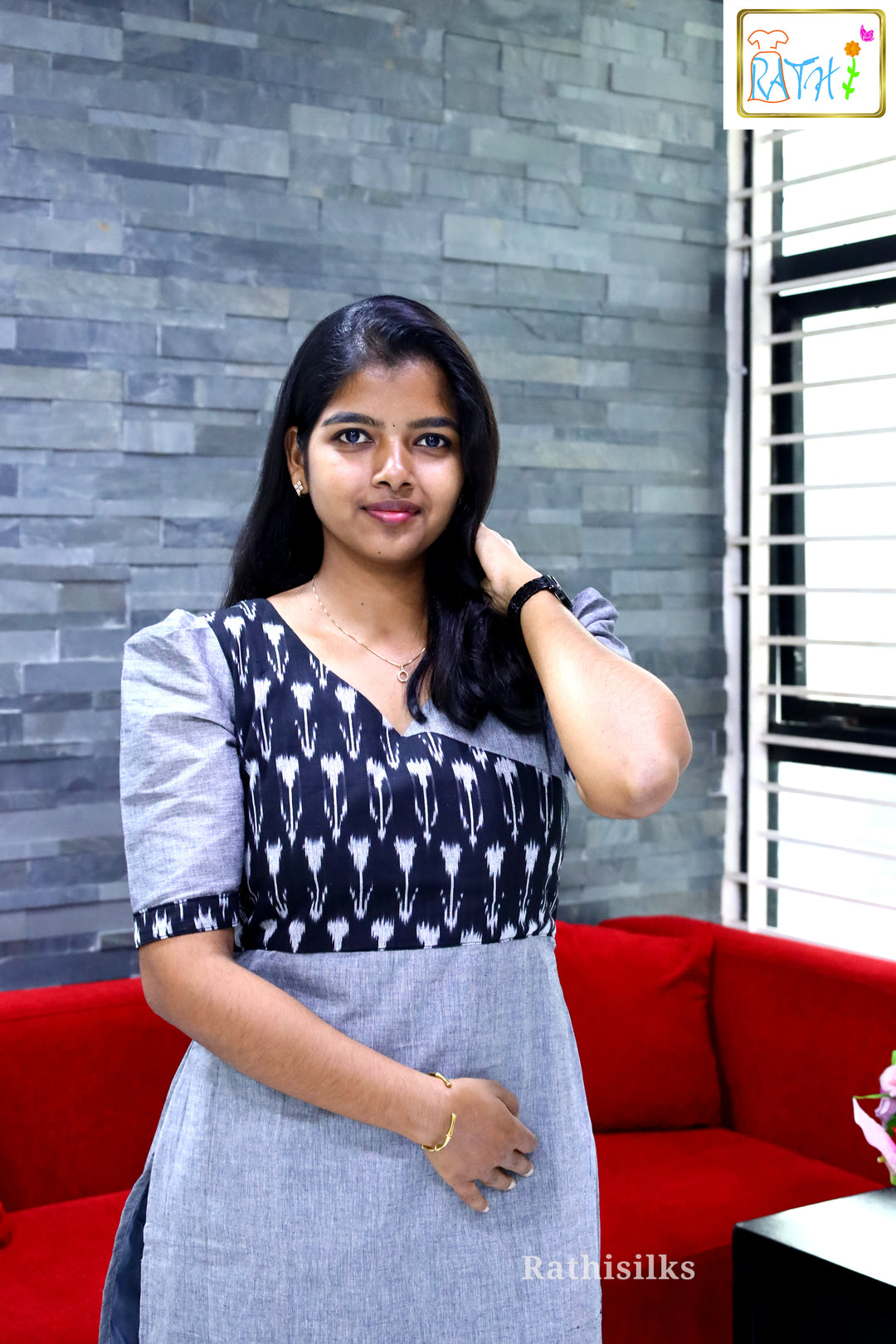 Elegant Grey Ikath Kurti Top