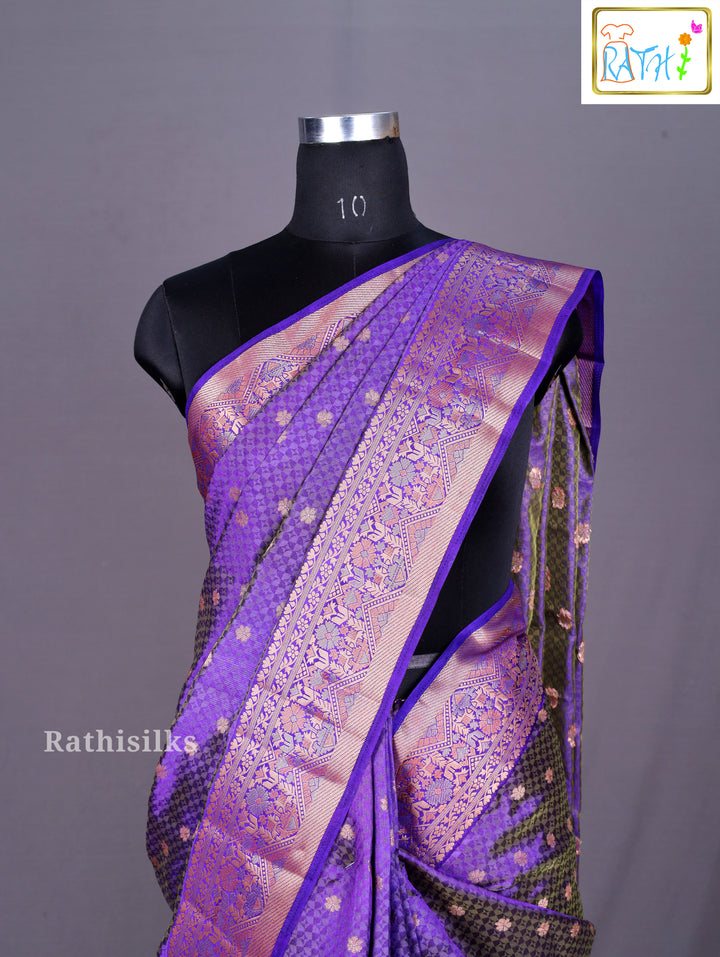 Majestic Dual-Tone Purple & Black Synthetic Brocade Saree