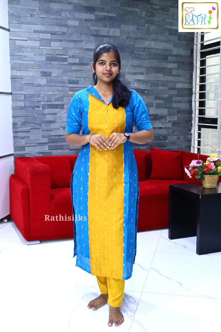 Royal Blue & Mustard Raw Silk Kurti Top