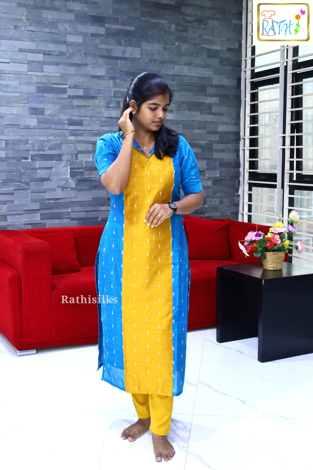 Royal Blue & Mustard Raw Silk Kurti Top