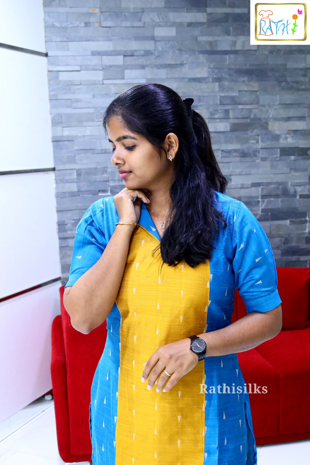 Royal Blue & Mustard Raw Silk Kurti Top