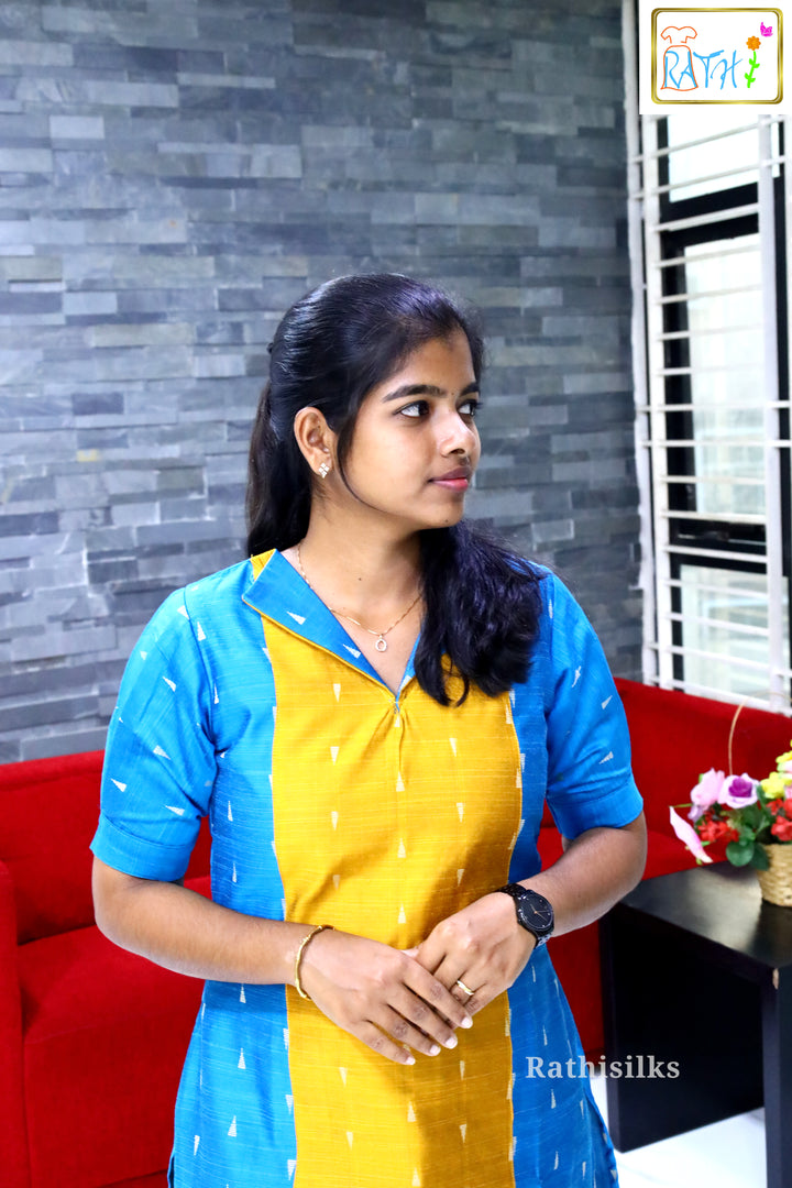 Royal Blue & Mustard Raw Silk Kurti Top
