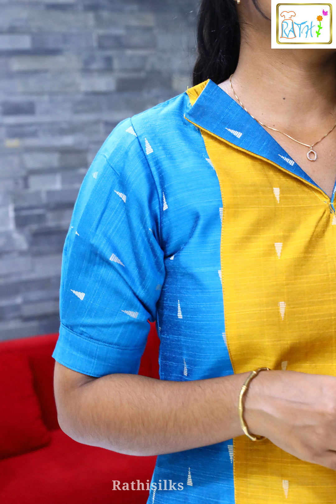 Royal Blue & Mustard Raw Silk Kurti Top