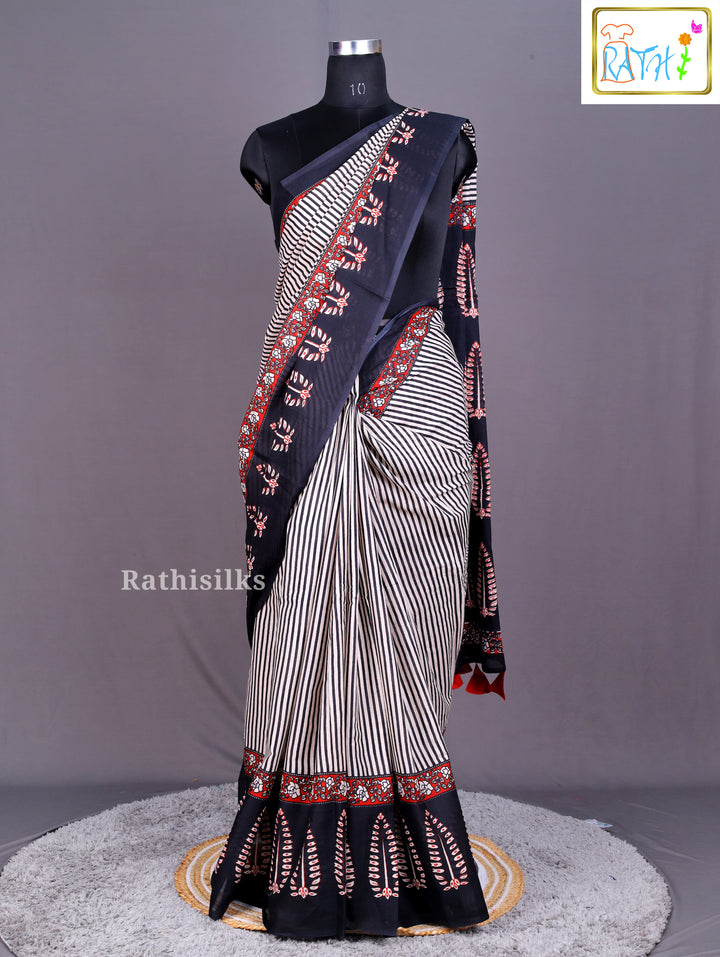Chic Black and White Striped Cotton Saree