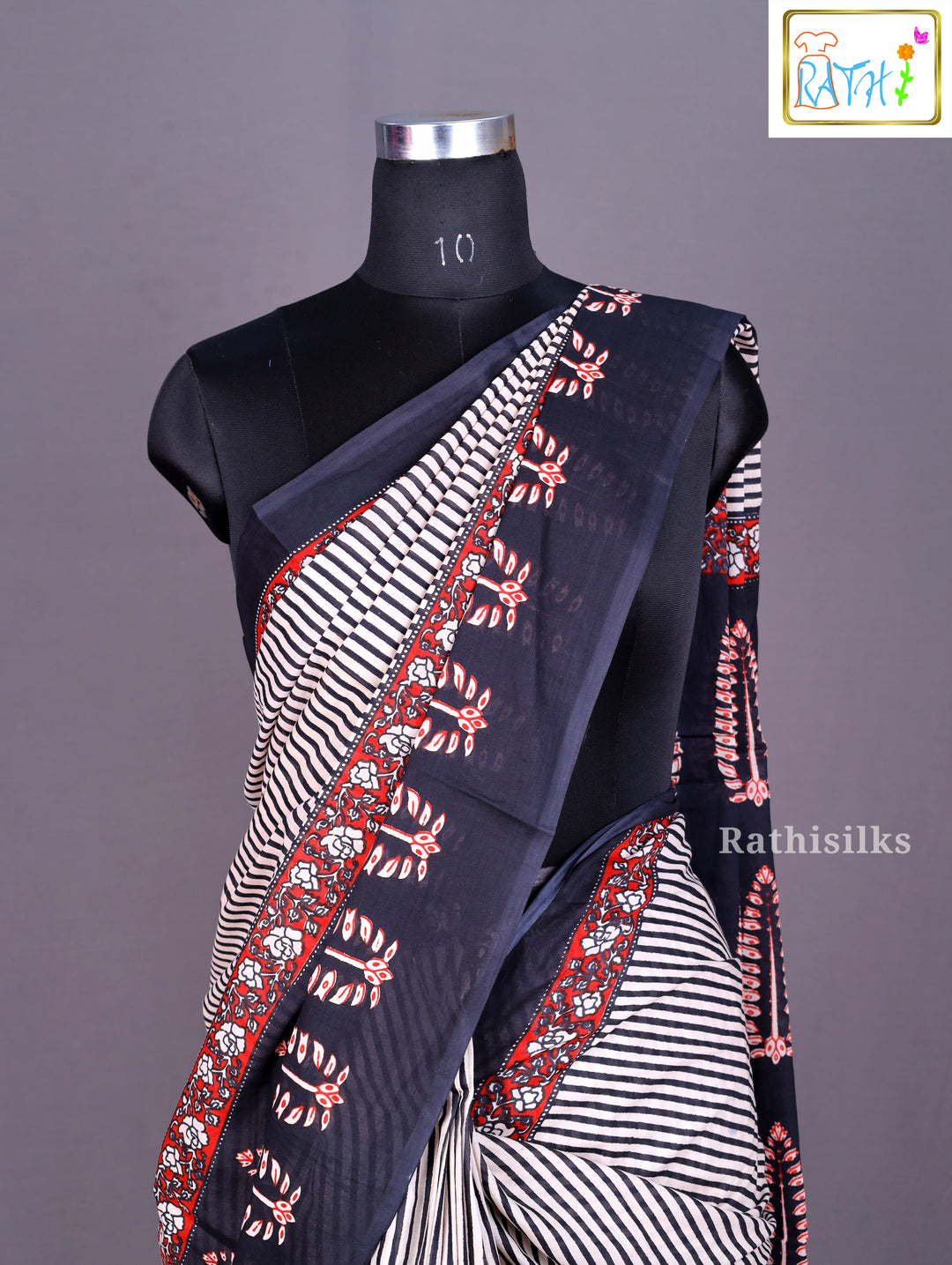 Chic Black and White Striped Cotton Saree