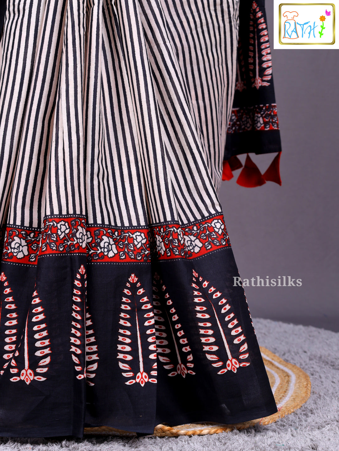Chic Black and White Striped Cotton Saree