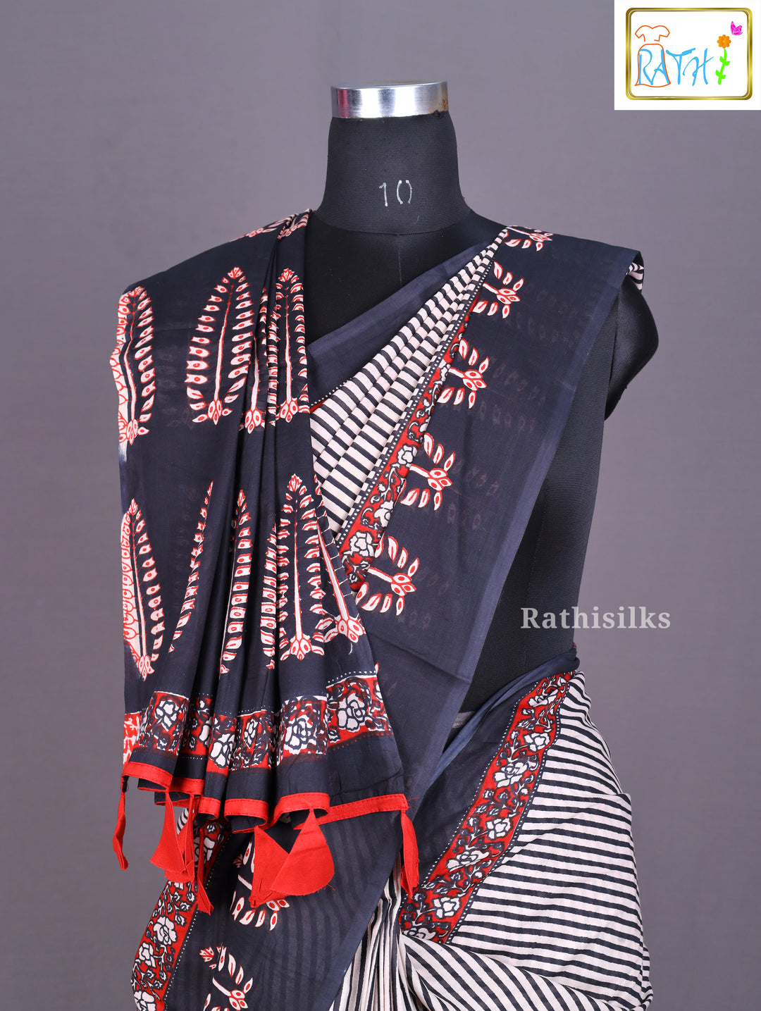 Chic Black and White Striped Cotton Saree