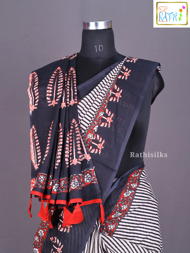 Chic Black and White Striped Cotton Saree