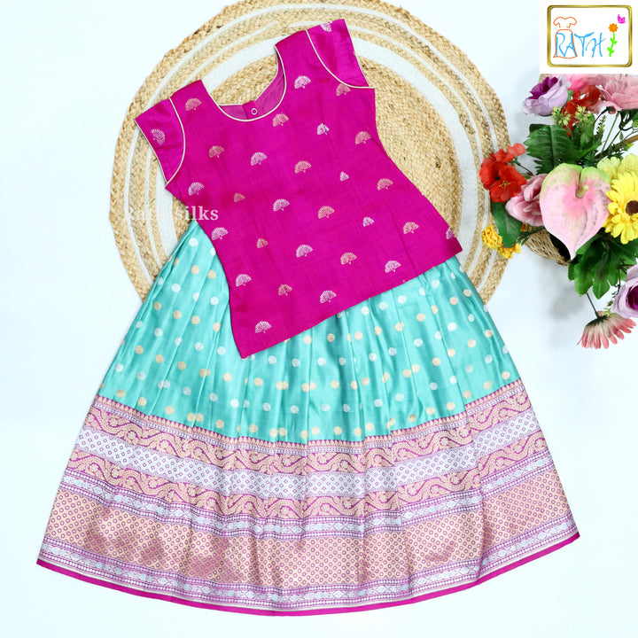 Elegant Pink & Aqua Art Silk Pavadai Set