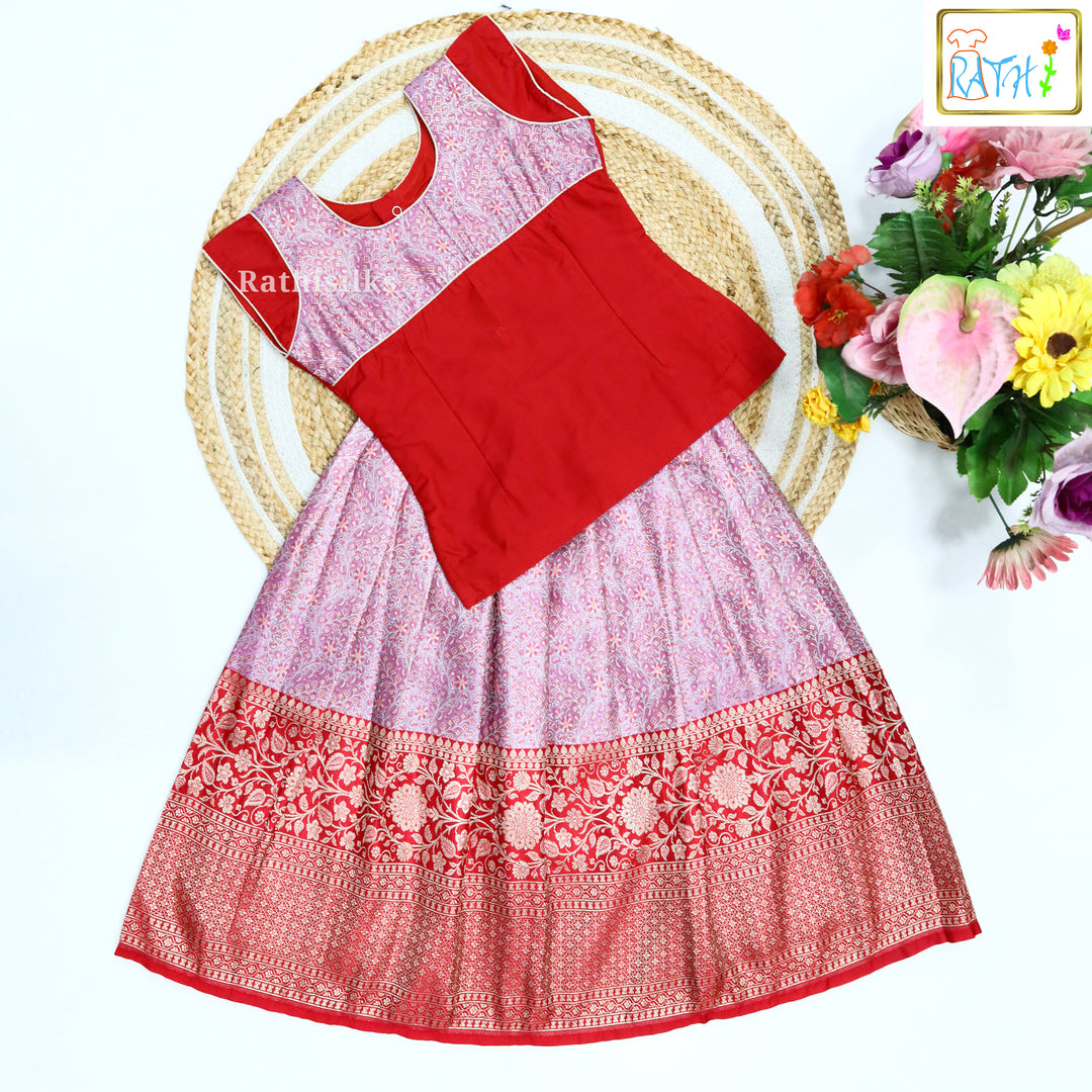 Red Karishma Top with Pink-Red Banarasi Pavadai Set