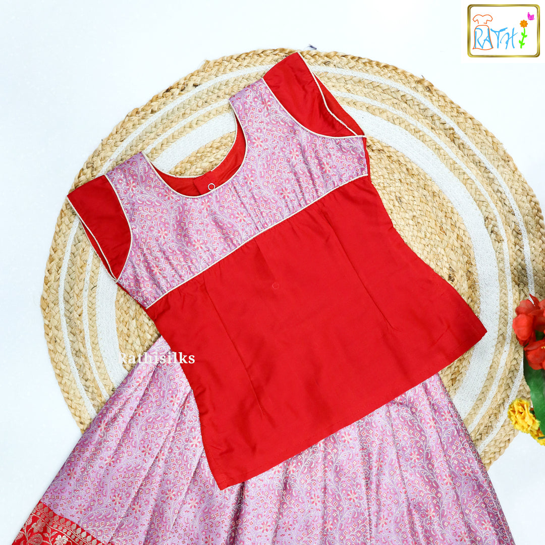 Red Karishma Top with Pink-Red Banarasi Pavadai Set