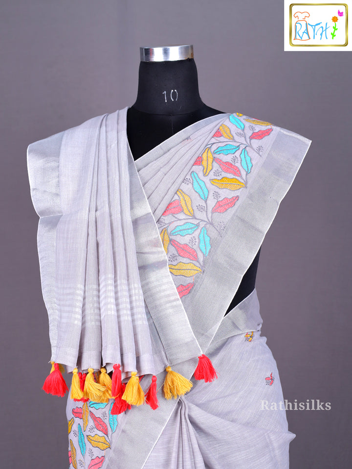 Light Grey Synthetic Saree