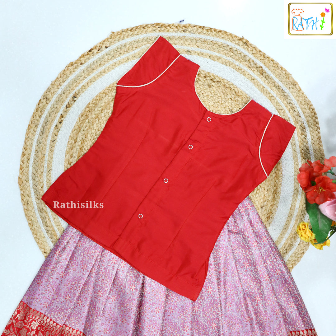 Red Karishma Top with Pink-Red Banarasi Pavadai Set