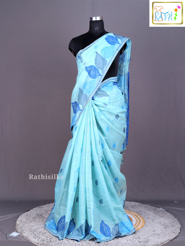 Aqua Blue Leaf Print Saree