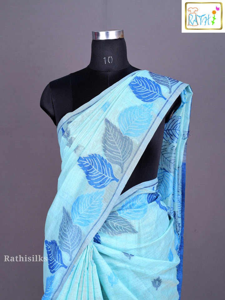 Aqua Blue Leaf Print Saree