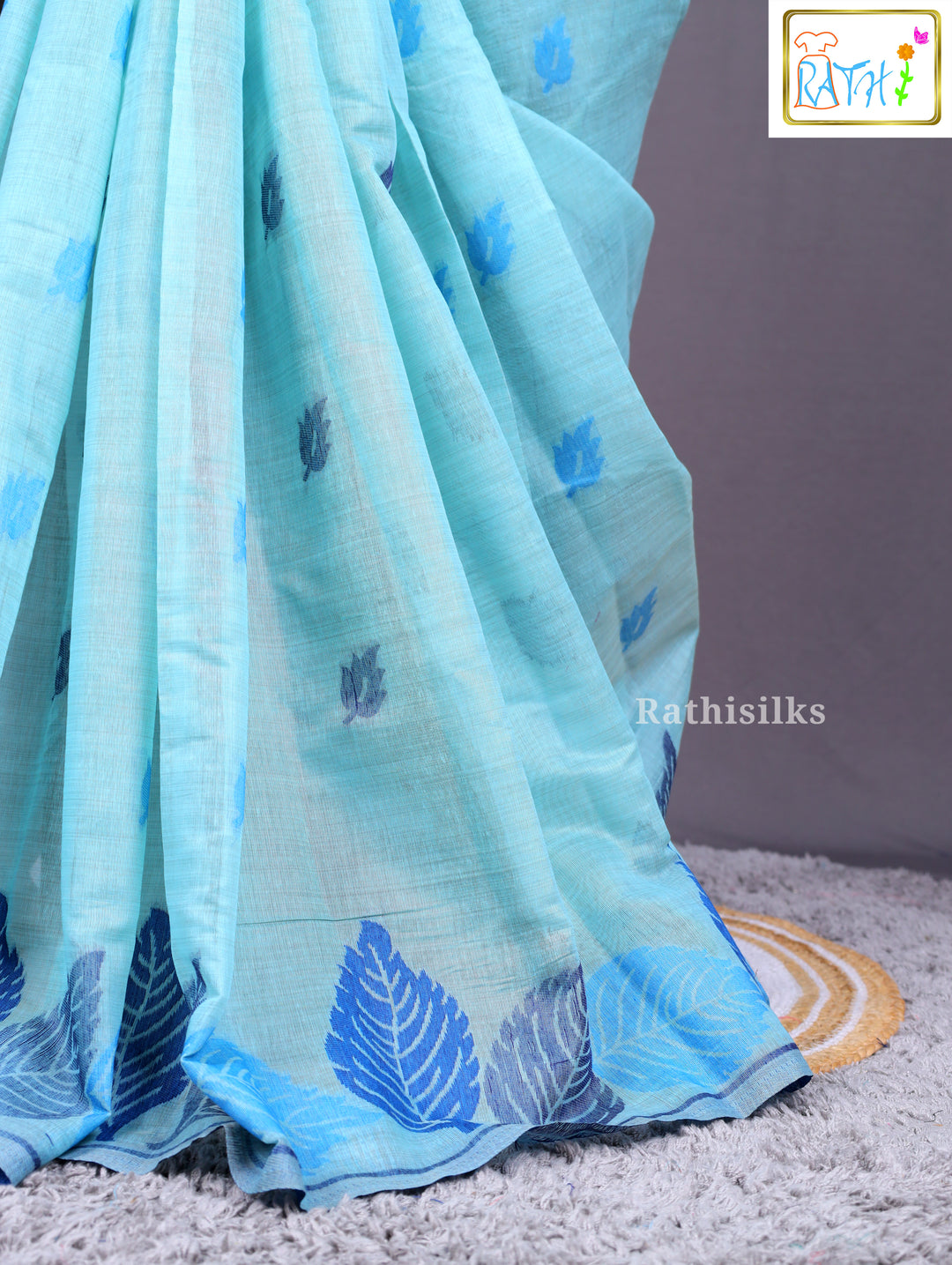 Aqua Blue Leaf Print Saree