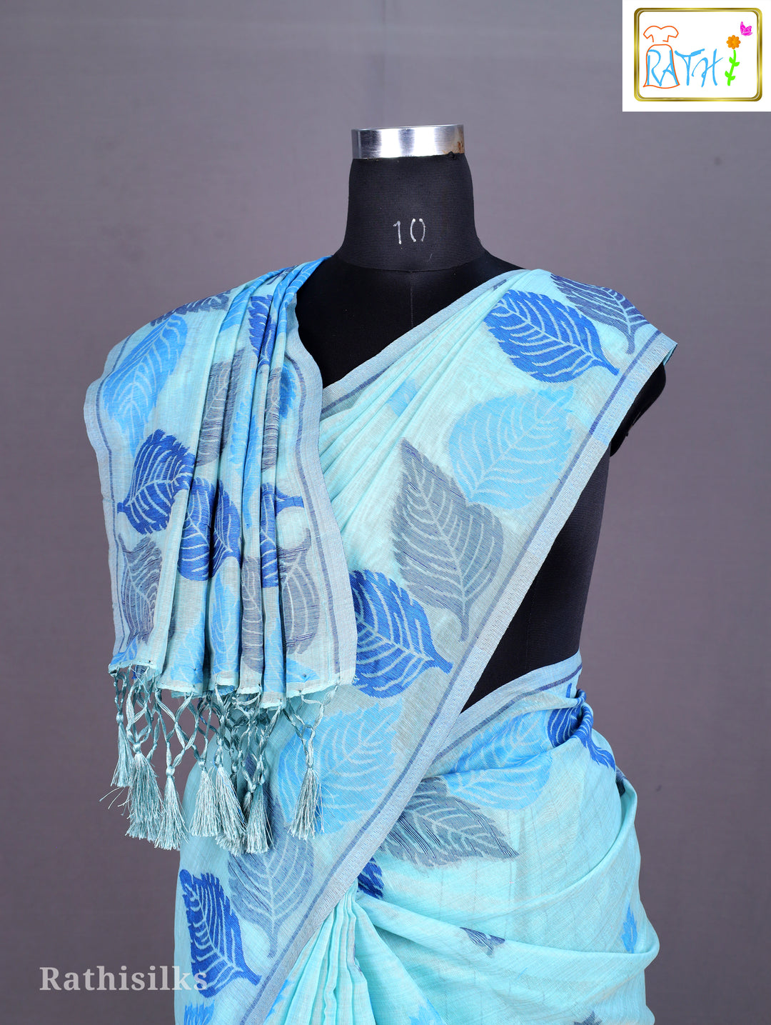 Aqua Blue Leaf Print Saree