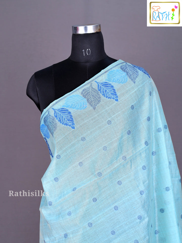 Aqua Blue Leaf Print Saree