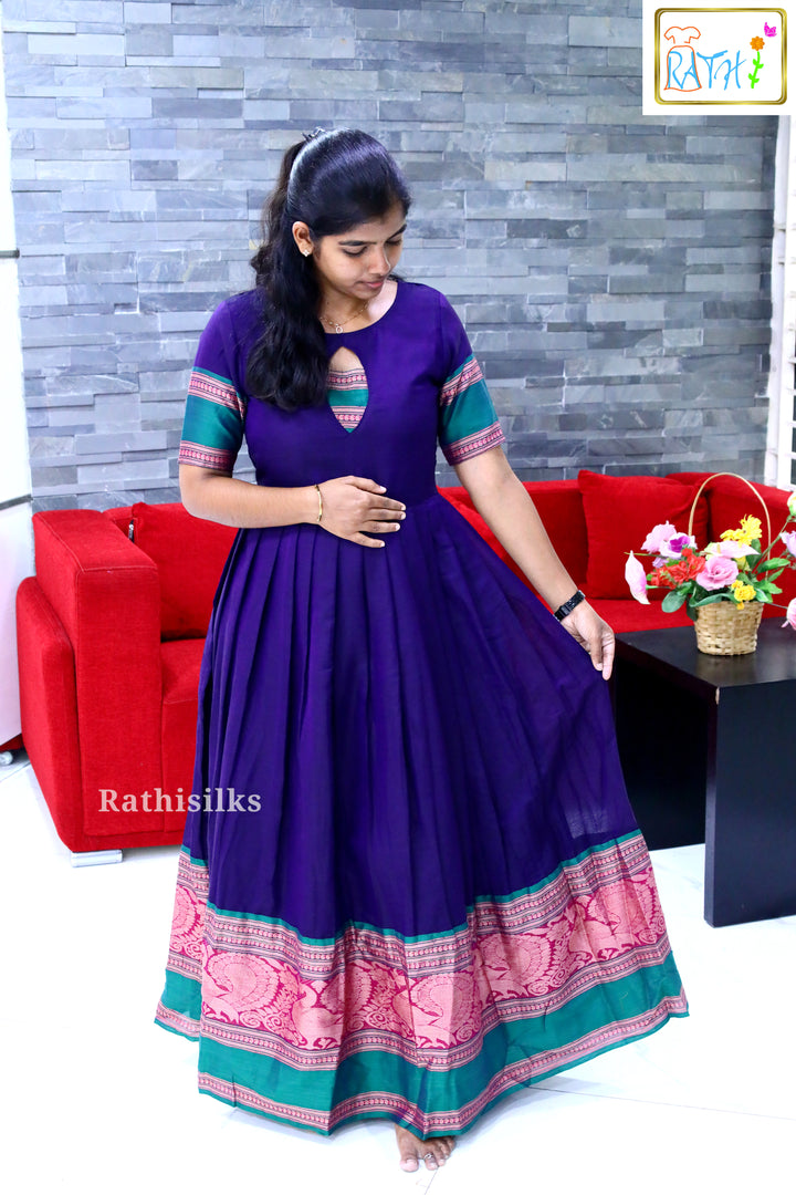 Elegant Navy Blue Cotton Long Gown