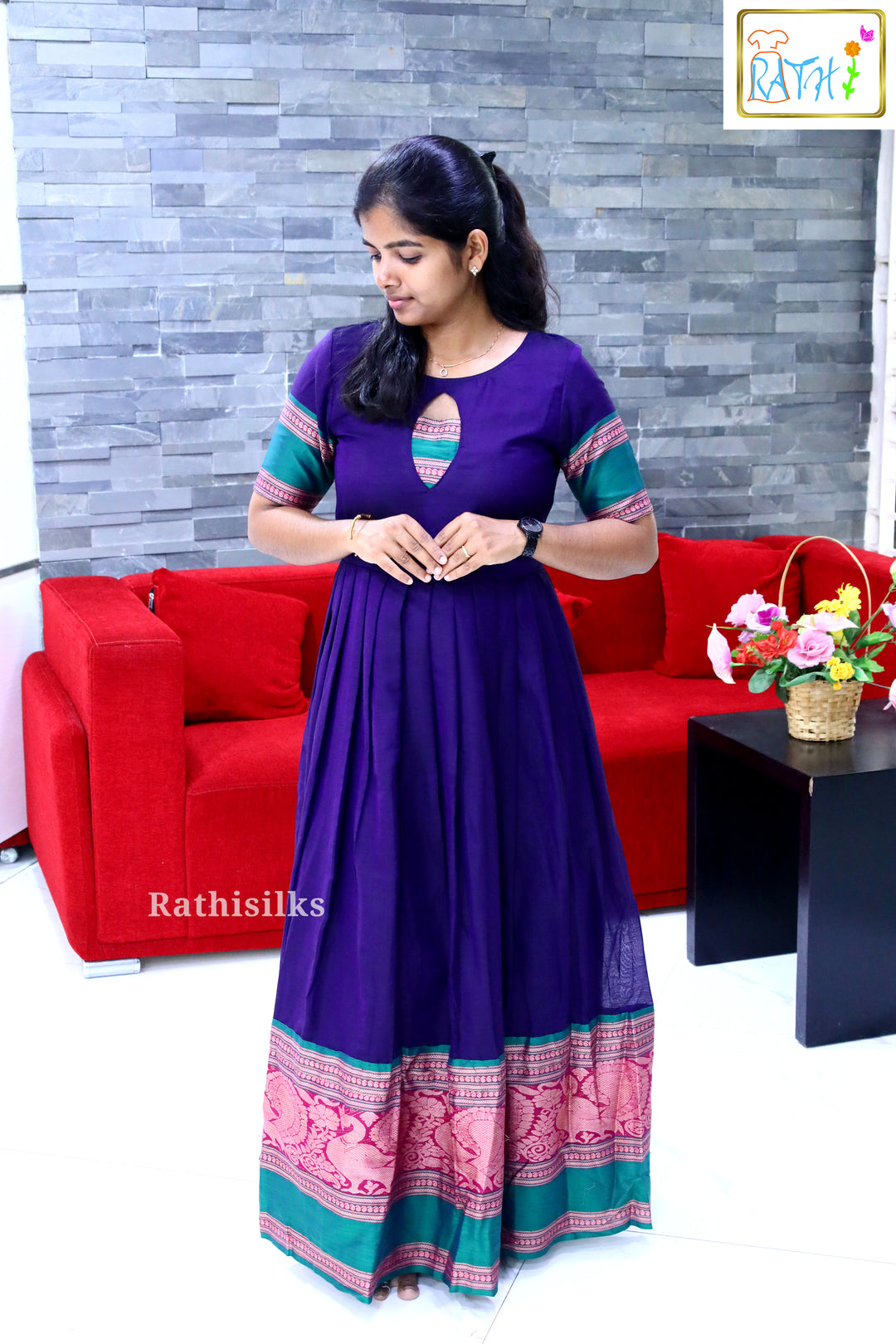 Elegant Navy Blue Cotton Long Gown